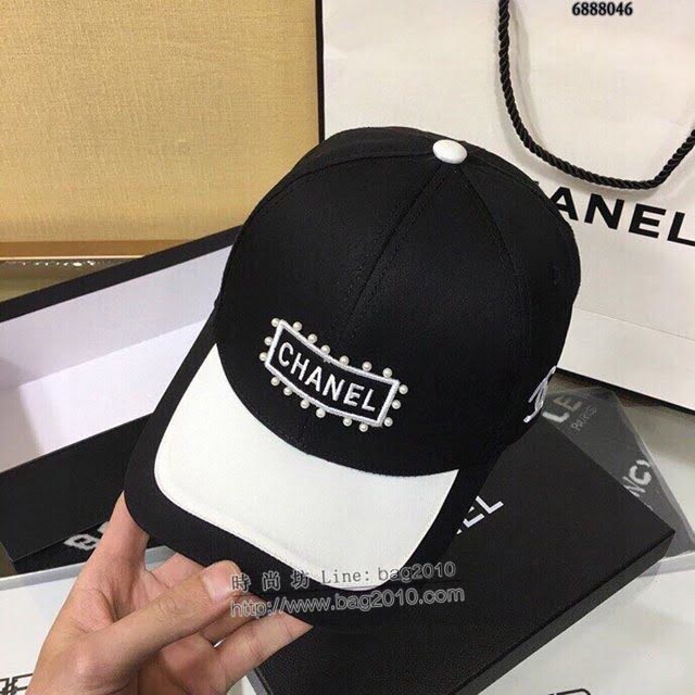 Chanel新品女士帽子 香奈兒珍珠拼接黑白鴨舌帽棒球帽  mm1414
